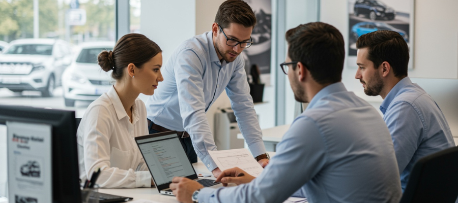 group of automotive professionals reviewing finances